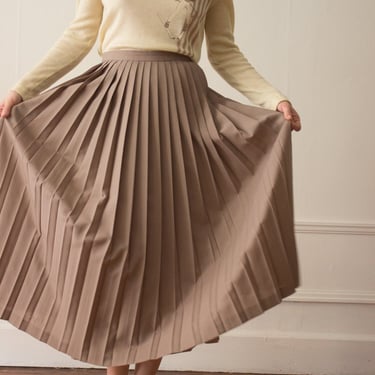 1980s Jaeger Taupe Wool Knife Pleated Middy Skirt 