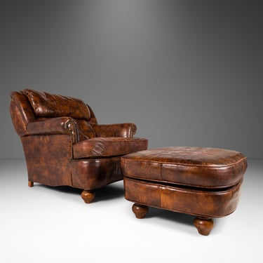 Patinaed French Club Chair / Cigar Chair & Ottoman in Original Distressed Leather, France, c. 1940's 