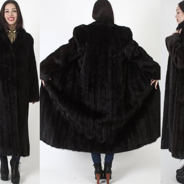 Full Length Mahogany Mink Coat, Vintage 80s Espresso Ranch Fur Overcoat, Long Luxury Princess Jacket 