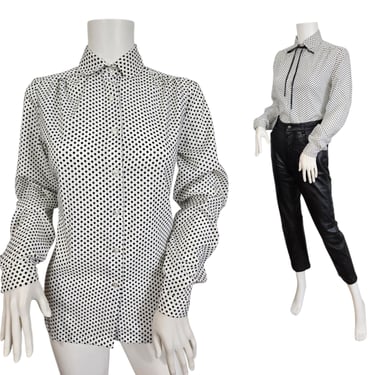 Sears 1970s Black White Polka Dot Button Down Blouse I Sz Med 