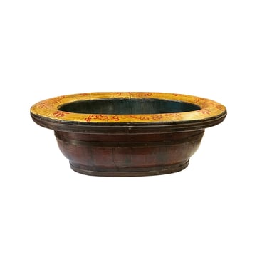 Chinese Vintage Distressed Yellow Brown Flower Oval Shape Wood Bucket ws3126E 