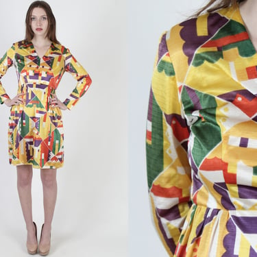 Vintage 70s Bright Abstract Print Dress / Stretch Polyester Jersey Party Dress / Colorful Womens Mod Disco Mini Dress 