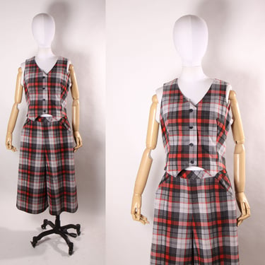 1970s Red, Gray and Black Plaid Sleeveless Button Down Vest with Matching Flared Capri Cullottes Two Piece Suit Outfit by Joyce -M-L 
