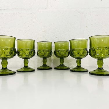 Vintage Green Kings Crown Glasses Cordial Barware Aperitif Stemware Mount Vernon Thumbprint Stemmed Set of 6 Indiana Glass Green 1960s Bar 