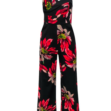 Trina Turk - Black & Red Floral Print One-Shoulder Wide Leg Jumpsuit Sz 2