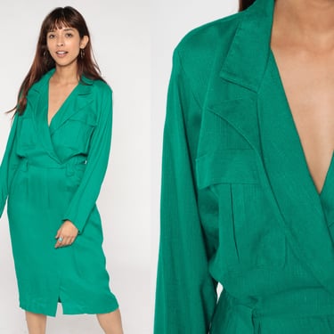 Green Midi Dress 80s Secretary Dress Retro Button Up Wrap Pencil Dress Front Slit Deep V Neck Pockets Long Sleeve Vintage 1980s Small Medium 