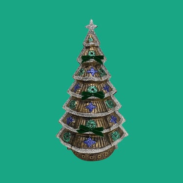 Vintage Christmas Tree Retro 1960s Mid Century Modern + Light Plastic + Hollow + 16" Height + Gold + Glitter + Bows + Xmas Decor + Tabletop 
