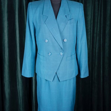 1980s Le Suit with Double Breasted Jacket with Square Shoulders and Pencil Skirt in Teal Plaid 