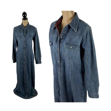 Long Sleeve Denim Maxi Dress Large, Modest Jean Dress, Western Snap Front Duster Coat, Casual Clothes Women Vintage Eddie Bauer - Tall 