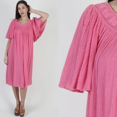 Pink Angel Sleeve Gauze Dress / Thin Crochet Trim Cover Up / Vintage Barbiecore Kimono Grecian Maxi 
