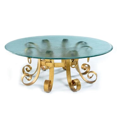 Gold Scroll Hollywood Regency Coastal Round Rippled Glass Coffee Table 