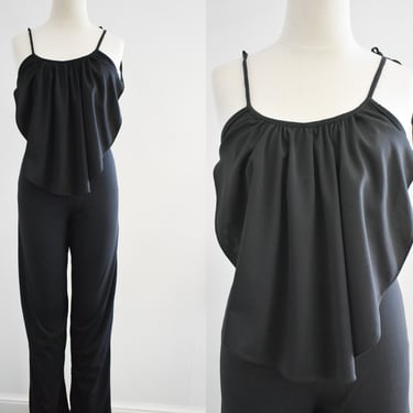 1970s Black Knit Ruffled Jumpsuit 