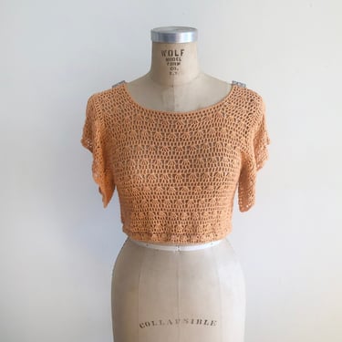 Coral Crocheted Top with Rhinestone Shoulder Buckles - 1930s 