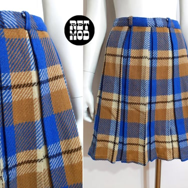 Retro Vintage 60s 70s Blue Beige Plaid Wool Pleated Skirt 