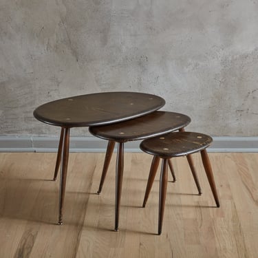 Trio of Triangular Wood Nesting Tables with Rounded Corners,  France 1960s