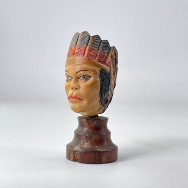 Female Indian Queen Chief Bust Hand Carved Native American Head Sculpture Chess Piece Vintage Mid-Century 