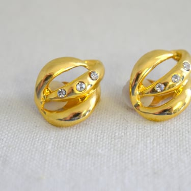 Vintage Gold Metal and Rhinestone Clip Earrings 
