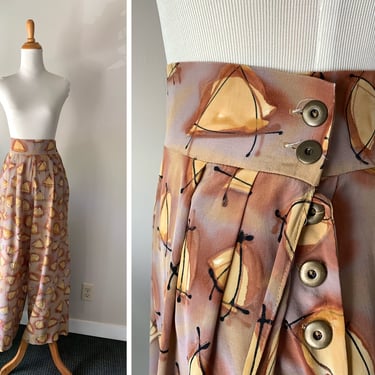 Vintage 1990s 30s-Inspired Abstract Earthtone Wide Leg High Waist Pants Trousers| Size Medium 