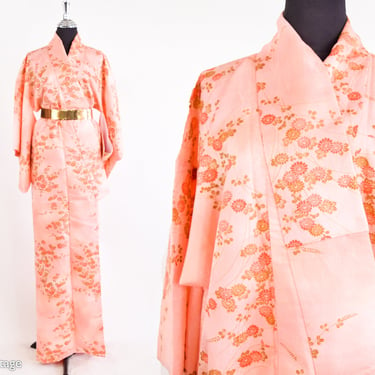 1950s Orange Flower Kimono | 50s Peach Flower Kimono | One Size 