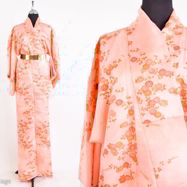 1950s Orange Flower Kimono | 50s Peach Flower Kimono | One Size 