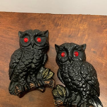 1980s Owls Made of Coal with Jewel Eyes 