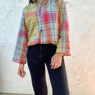 Vintage 70's Topics Div of Spaceports from California Colorful Plaid Tunic Blouse 