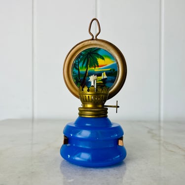 Vintage Blue Milk Glass Oil Lamp, Angel Lamp, wall mount, tabletop, Made in Japan, for mcm, farmhouse cottage decor, collection, gift 