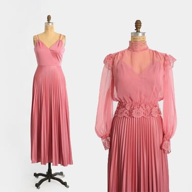 Mauve maxi | Vintage 70s pink sheer Victorian pleaded maxi dress 