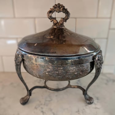 Vintage Silver Plated Footed Chafing Dish with Floral Detail and Lid 