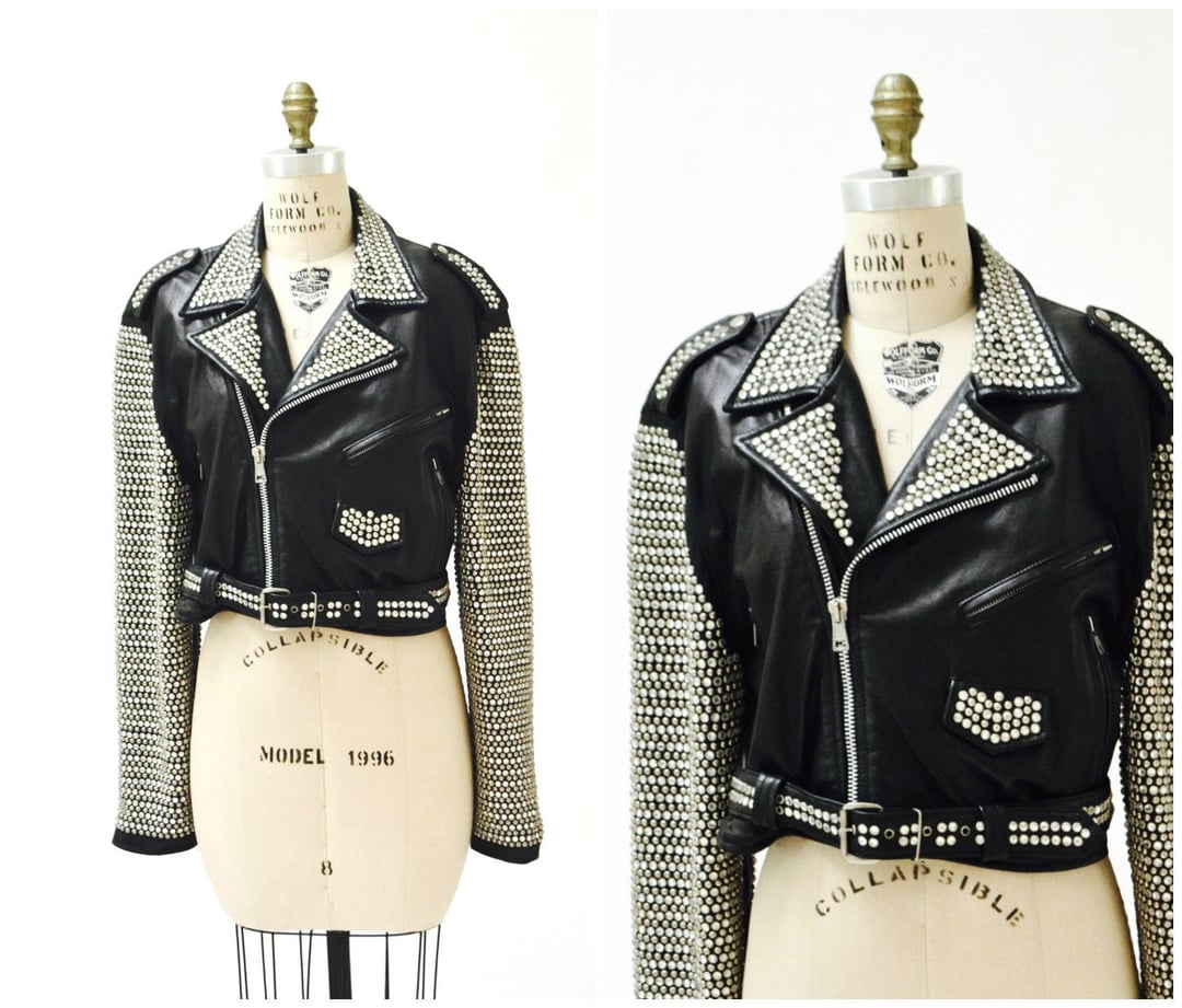 Vintage Black Leather Biker Jacket Silver Studs Rhinestones Vintage Black Leather Biker Jacket Silver Studs Rhinestones