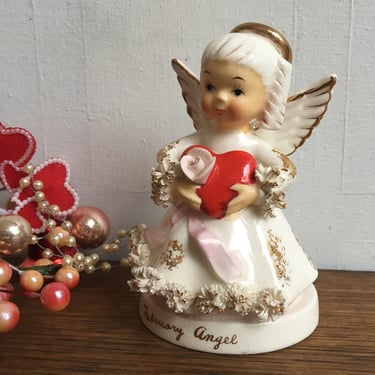 Napco Valentine&#39;s Angel, February Birthday Girl, Gown With Gold And White Spaghetti Trim, Holding Valentine With Pink Rose 