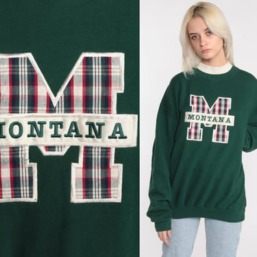 Montana Sweatshirt -- 90s Mock Neck Shirt Graphic Sweatshirt Forest Green University College Shirt Vintage 80s Shirt Extra Large xl 