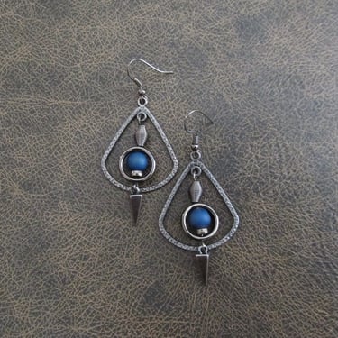 Gunmetal hoop earrings, gypsy earrings, blue druzy agate earrings, boho bohemian earrings, hippie statement unique modern earrings 