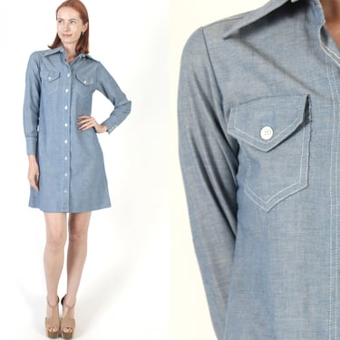 Minimalist Chambray Button Up Shirt Dress, Vintage 70s Dagger Collar Frock, Plain Monochrome Wear To Work Outfit 