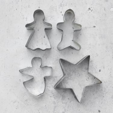 Vintage Cookie Cutters, Lot of 4 Tin Cookie Cutters, Gingerbread Man/Woman, Angel, Star 