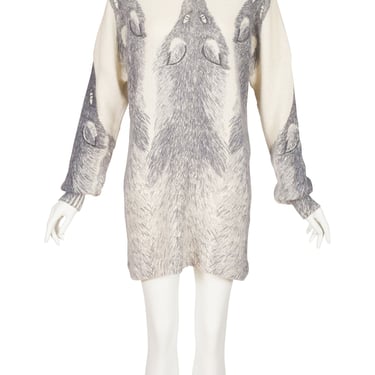 Krizia 1980s Vintage Fox Stole Print Cream Angora Turtleneck Sweater Dress 