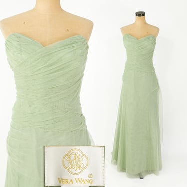 Vera Wang | 1990s Green Strapless Evening Gown | 90s Light Green Tulle Strapless Gown | Bridesmaid Dress | Vera Wang | Medium 