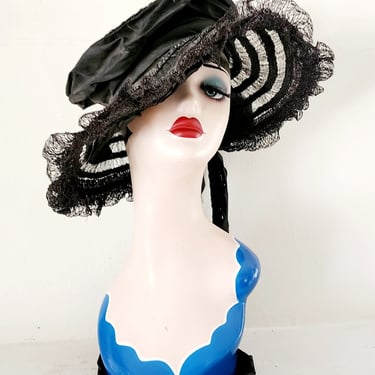 Antique Edwardian Black Hat in Straw, Silk Ribbon Chas A Stevens 