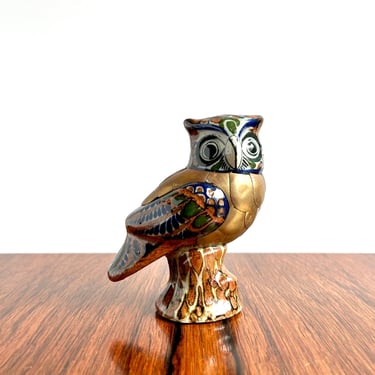 Tonala Mexico Folk Art Ceramic and Brass Owl Figurine 