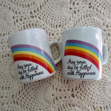 Vintage Rainbow Coffee Mugs Set - 80s 1980s Avon Happiness Mug Cups 