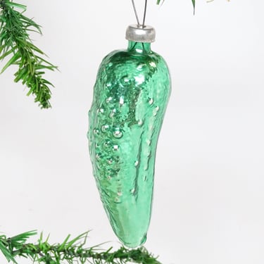 Vintage 1940's German Painted Mercury Glass Pickle  Christmas Tree Ornament, Antique Holiday Decor 