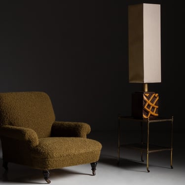 Deep Seated Library Armchair in Pierre Frey Boucle / Tall Ceramic Lamp, 50 Inches