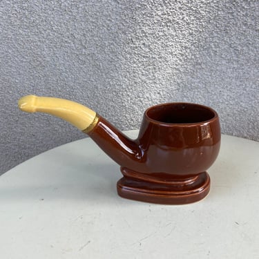 Vintage ceramic brown yellow pipe vase or tobacco holder size 8” x 3” x 3.5-5” height 