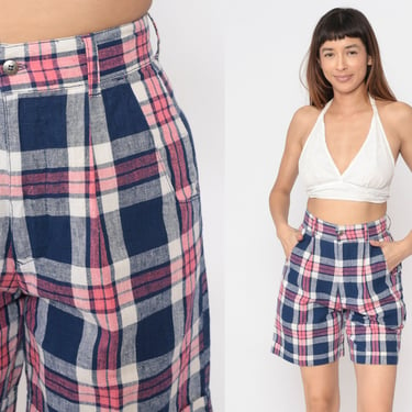 90s Plaid Shorts Dark Blue Pink Pleated Trouser Shorts Mom High Waisted Retro Checkered Preppy Ramie Cotton Vintage 1990s Small 27 