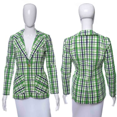 1970's Four Corners Green and White Plaid Seersucker Blazer Size S