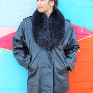 Fur Collar Coat, Vintage 1980s Leather Coat, Norwegian Fox Fur Collar, Long Jacket, Medium/Large Women 