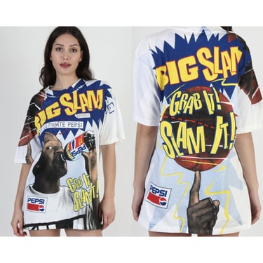 Vintage NWT 90s Shaq Pepsi Big Slam T Shirt, All Over Print Shaquille O'Neal Tee, AOP Made In USA Single Stitch - Size L 