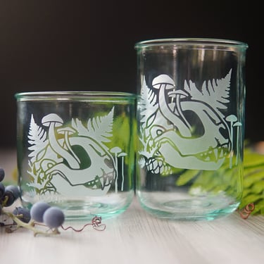 Recycled Glass Cup - Decaying Cat Skull with Ferns eco glass tumbler 