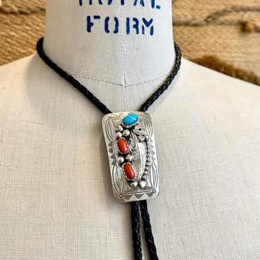 WILBUR MYERS Navajo Turquoise & Coral Sterling Silver Bolo Tie w/ Leather Cord | SS Bolo | Native American Navajo Made Jewelry, Southwestern 