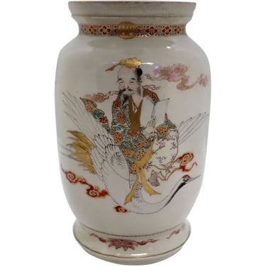Antique Japanese Meiji Satsuma Gilt Pottery Crane Rider Cabinet Vase 